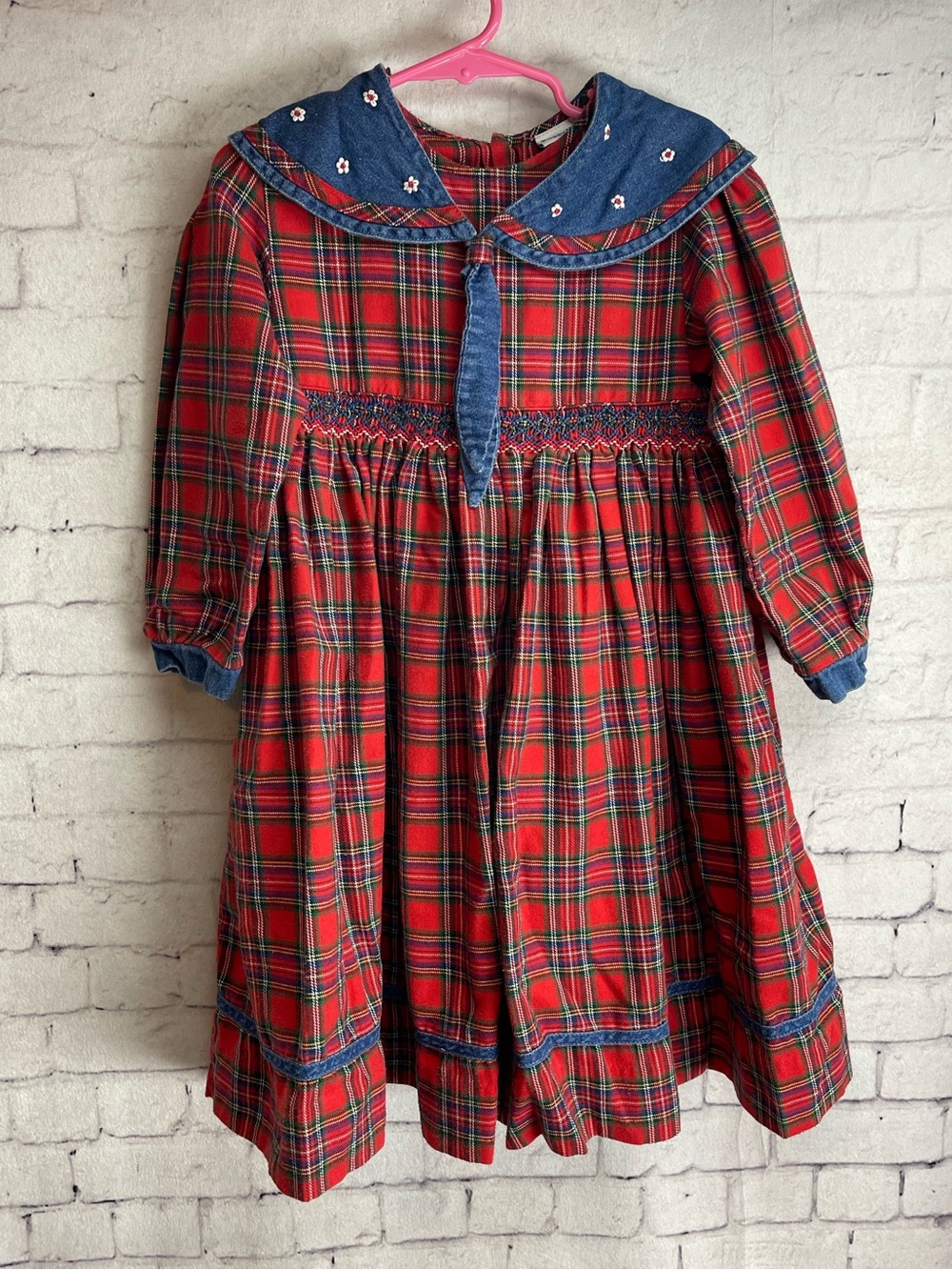 Rosey Kids size 5 red plaid long sleeve dress denim collar vintage